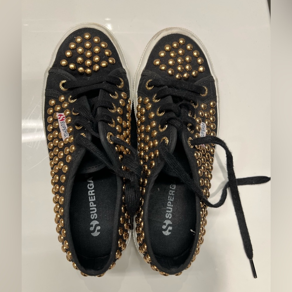 Black superga sneakers with gold studs. Gently worn.